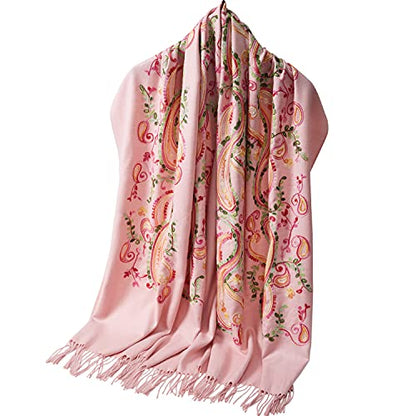 Embroidered Brushed Shawl Paisley Leaves Pattern Scarf Soft Ponchos Wrap Cape With Fringes - color: 043-misty Rose