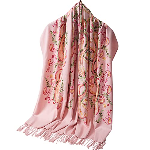 Embroidered Brushed Shawl Paisley Leaves Pattern Scarf Soft Ponchos Wrap Cape With Fringes - color: 043-misty Rose