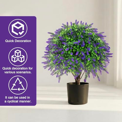 2 Pcs Artificial Lavender Topiary Ball Trees Potted Plants, UV Resistant Fake Lavender Topiary Plant Purple Trees for Garden, Front Door Porch and Outdoor Decor (Purple, M)