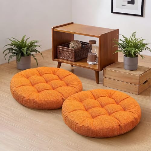Set of 2 Round Floor Cushion Large Orange Seat Pillows Seating Pad for Adults Tufted Meditation Cushion for Living Room Tatami Bedroom 18.8 x 18.8 Inch - color: Orange