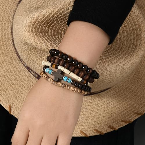 5pcs Wooden Bead Bracelet Set with Charm and Tassel for Men & Women - Stackable Boho Bracelets, Amber Color Scheme Adjustable Bracelet - color: Brown Blue White