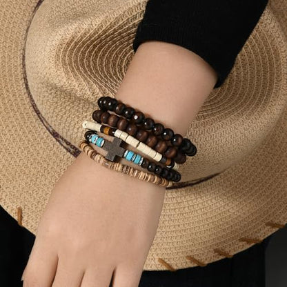 5pcs Wooden Bead Bracelet Set with Charm and Tassel for Men & Women - Stackable Boho Bracelets, Amber Color Scheme Adjustable Bracelet - color: Brown Blue White