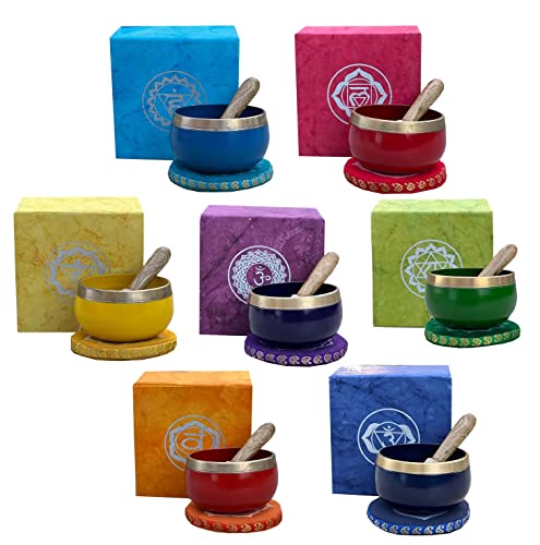 Chakra Singing Bowls with Wooden Striker & Cushion Gift Box Set | Lift Vibration & Frequency; Sound Therapy; Holistic Healing, Meditation & Relaxation Mindfulness Mantra (Third Eye) - color: Third Eye Chakra