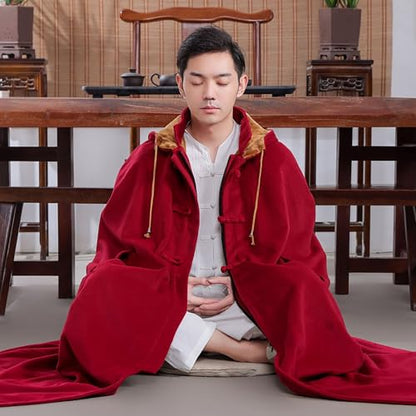 Meditation Buddhist Hooded Cloak Coat, Winter Meditation Cloak Zen Cloak Men and Women, Plush Cloak(Khaki)(2XL) - color: Khaki, size: 2XL