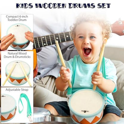 Toddler Musical Instruments - Montessori Wooden Musical Toys for Toddlers 1-3 | Modern Boho Baby Drum Set with Neutral Colors Percussion Instruments | Kids Preschool Educational - style: Drum