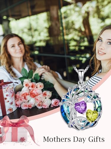 TOUPOP s925 Sterling Silver Family Celtic Tree of Life Pendant Necklaces with 2 Heart Birthstone with Blue Austrian Crystal Jewelry Birthday Valentines Day Gifts for Her, Anniversary Christmas Gifts for Wife Girlfriend Mom (18K Real White Gold Filled) - c