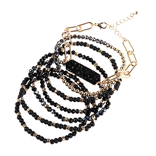 RIAH FASHION Bohemian Acrylic Druzy Multi-Layer Bead Statement Bracelet - Versatile Faux Stone Pendant Stretch Strand Stackable Cuff Bangle Set Sparkly Crystal - color: Hexa Druzy Wood Mix - Black