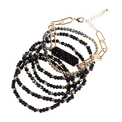 RIAH FASHION Bohemian Acrylic Druzy Multi-Layer Bead Statement Bracelet - Versatile Faux Stone Pendant Stretch Strand Stackable Cuff Bangle Set Sparkly Crystal - color: Hexa Druzy Wood Mix - Black