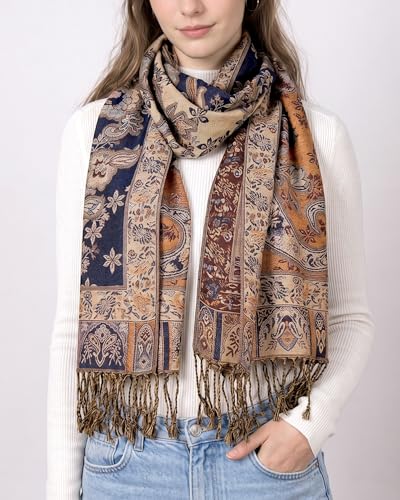 Achillea Elegant Paisley Floral Pashmina Shawl and Wrap – Boho Rave Scarf for Festival, Travel & Everyday Wear - color: Navy Amber Gold