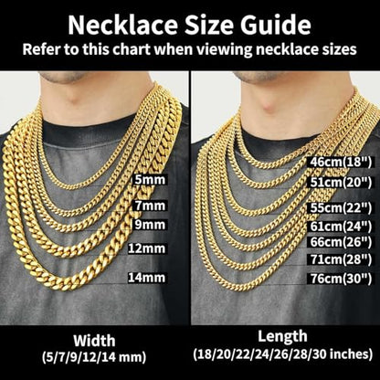 ChainsHouse Stainless Steel Mens Cuban Link Chain, Black/ 18K Gold Plated Miami Cuban Chain Necklace, 5mm/7mm/9mm/12mm/14mm Width, No Tarnish& Durable Hip Hop Mens Jewelry, 18"-30", Send Gift Box - color: e. 7mm width-gold, size: 20 inches