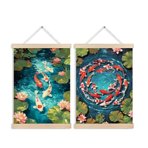 MVLJG Koi Fish Wall Art Poster Sets of 2, Japanese Room Decor, Oriental Asian Lotus Pond Fish Canvas Prints Hanging Wall Decor for Bedroom Zen Meditation Room Home Office, 12x16 Inches - color: Koi Fish-6
