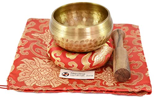 NHZ Meditation Yoga Singing Bowl Set With Mallet, Cushion & Brocade Bag - For Meditation, Chakra Healing, Prayer,Yoga, and Mindfulness (3.5 Inch Red) - color: Red