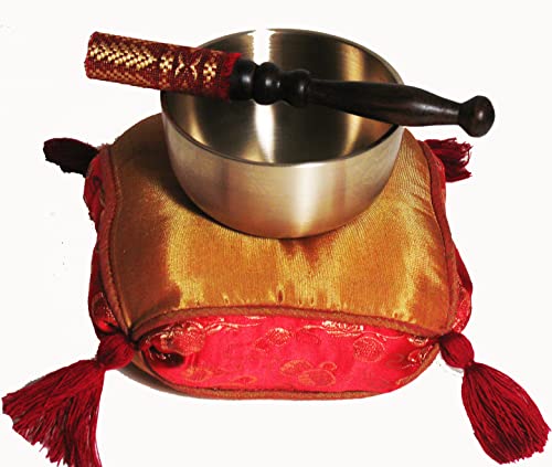 Meditation Accessory Japanese Rin Gong Singing Bowl Set 3.5" dia with Cushion & Stained Wood Striker - Red Gold - color: 3.5" Red Gold