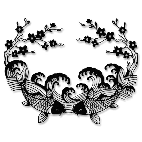 YATEASLU Japanese Wall Art Koi Fish & Cherry Blossom - Metal Koi Fish Wall Art, Japanese Wall Decor for Living Room, Bedroom, Zen Space - Serene Asian Home Decor - color: Koi fish