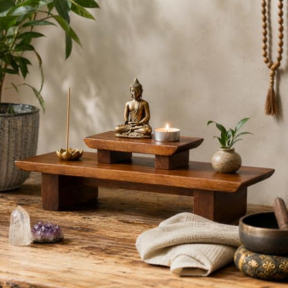 Meditation Altar Table – 21 x 7.5 x 6 Inch Handmade Tiered Puja Shrine - Small Alter Tables for Relaxation, Prayer - Buddha Meditation Alter Made of Strong and Durable Mango Wood