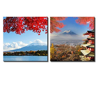 wall26 Two Piece Canvas - Mount Fuji Across a Lake Being Framed by a Red Tree with a Shrine by Its Side on 2 Panels - Canvas Art Home Art - 12x12 inches - color: Mount Fuji Across a Lake, size: 12" x 12" x 2 panels