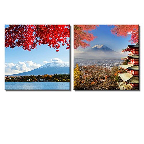 wall26 Two Piece Canvas - Mount Fuji Across a Lake Being Framed by a Red Tree with a Shrine by Its Side on 2 Panels - Canvas Art Home Art - 12x12 inches - color: Mount Fuji Across a Lake, size: 12" x 12" x 2 panels