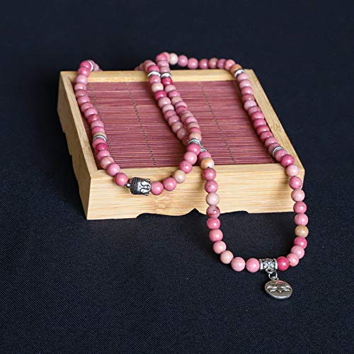 Bivei 108 Mala Beads Necklace Long Beaded Wrap Bracelets Genuine Gemstone Mala Prayer Beads Lotus Buddha Charm Yoga Meditation Necklace - color: Rhodochrosite-Lotus OM-Buddha