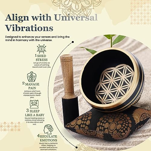 Ajuny Tibetan Singing Bowl Set - Handcrafted Meditation Brass Sound Bowl with Stick and Cushion for Yoga, Chakra Healing, Mindfulness and Stress Relief Spiritual Gifts - Gold Black