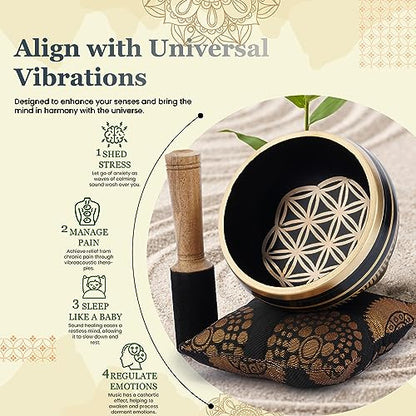 Ajuny Tibetan Singing Bowl Set - Handcrafted Meditation Brass Sound Bowl with Stick and Cushion for Yoga, Chakra Healing, Mindfulness and Stress Relief Spiritual Gifts - Gold Black