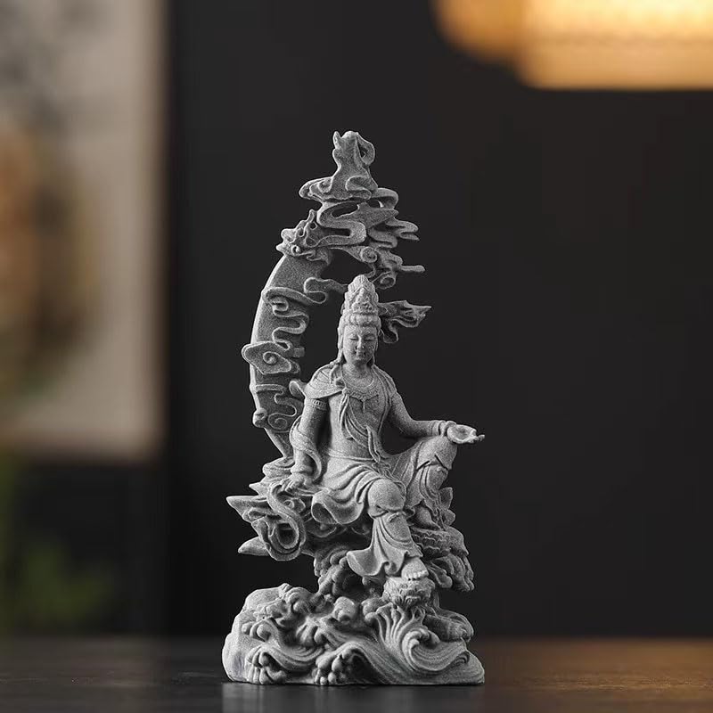 1PC Resin Green Sandstone Mixed Material Guanyin Statue, Water Moon Free Viewing Decor for Garden Bonsai Rockery, Living Room, Study, Prayer Room & Office Desk Zen Style