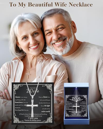 1CT Moissanite Cross Necklace for Women Wife, 18K Gold Filled or Sterling Silver Cross Pendant Chain Jewelry,Anniversary Birthday Gifts for Women Wife Her with LED Light-Up Gift Box and Gift Card - style: Silver-To My Beautiful Wife Card