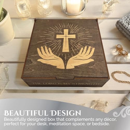 Biblical Affirmations Box | Christian Themed Engraved Wood Box with 72 Scripture Affirmation Heart Cutouts | Daily Motivational Religious Gift - style: Cross & Bible Verses