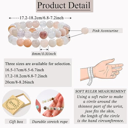 Bivei Natural Gemstone Semi Precious Healing Crystals Handmade Stretchy Round Beads Bracelet,Stocking Stuffers for Women Enhance Positive Energy - color: 8mm Pink Aventurine (Balance & Harmony), size: Small: 6.5-6.7 inch
