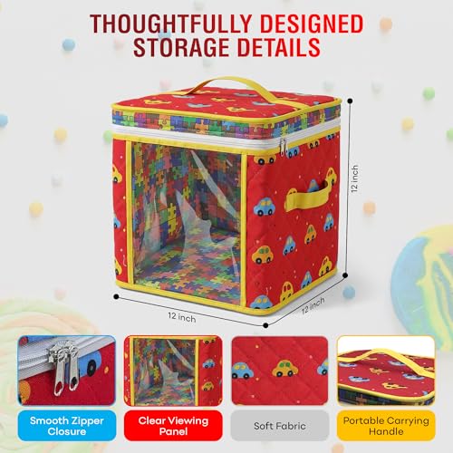 12" Soft Side Zipper Toy Storage Bag, Quilt Pattern Cloth Cube, Reusable, Clear Bag, Playroom, Bedroom & Puzzles Board Game Organizers And Storage Bin, Cars & Puzzles Design - color: Cars
