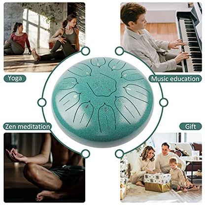 Steel Tongue Drum 12 Inch 11 Notes for Adults - Ethereal Metal Instrument for Meditation & Yoga with Music Book, Mallets & Carry Bag (Malachite) - color: Malachite