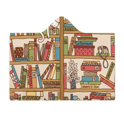 Sleeping Cat Library Bookshelf Large Size Comfortable Hooded Blanket, Warm Blanket 60"x80" - color: Sleeping Cat Library Bookshelf, size: 60"x80"