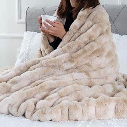 BATTILO HOME Ruched Luxury Faux Fur Throw Blanket Beige Tie-dye Rabbit Fur Blanket for Couch, Living Room, Fuzzy, Soft, Plush, Cozy, Elegant with Reversible Mink Blanket Beige, 60"x80" - color: Beige, size: 60"x80"