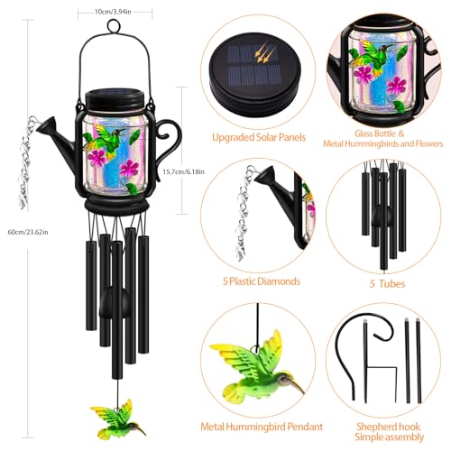 Solar Hummingbird Wind Chimes for Outside - Gifts for Mom Women Grandma,Solar Mason Jar Watering Can Hummingbird Light Unique Hanging Wind Chimes Outdoor,Yard Garden Terrace Courtyard - size: 1 pack-Hummingbird jar wind chime