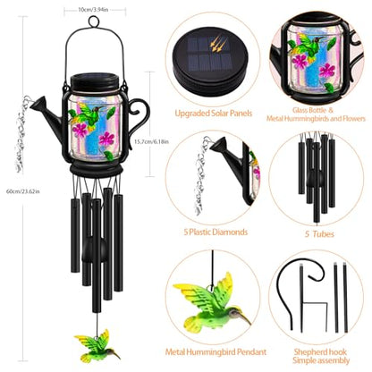 Solar Hummingbird Wind Chimes for Outside - Gifts for Mom Women Grandma,Solar Mason Jar Watering Can Hummingbird Light Unique Hanging Wind Chimes Outdoor,Yard Garden Terrace Courtyard - size: 1 pack-Hummingbird jar wind chime