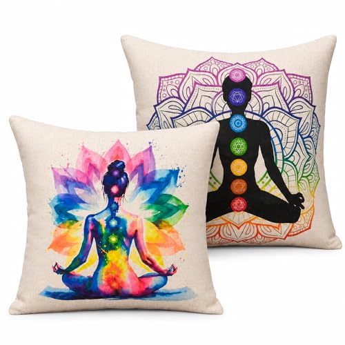 7 Chakra Meditation Pillow Covers - Mandala Yoga Spiritual Throw Cushion Cases - Decorative Home Decor Set of 2 (White (20inx20in) x1 (18inx18in) x1) - color: White (20inx20in)x1 (18inx18in)x1