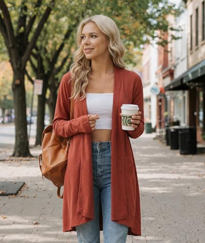 LazyCozy Women's Lightweight Long Sleeve Draped Cardigan Slouchy Open Front Cover Up Stretch Jersey Sweater - color: Brick Red, size: Medium