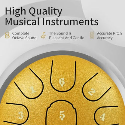 Rain Drum for Outside Garden,Steel Tongue Drum 6 Inche 11 Note Steel Drums Rain Chime,with Soft Bag,Music Book (Yellow, 6 Inch 11 Note) - color: Yellow, size: 6 Inch 11 Note