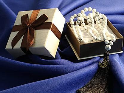 COAI OM Charm Hand Knotted Tassel 108 Mala Beads Necklace - color: Howlite, size: 8mm