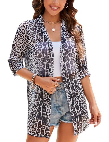 iClosam Women Casual 3/4 Sleeve Sheer Open Front Cardigan Sweater Kimono - color: Leopard Print, size: Large