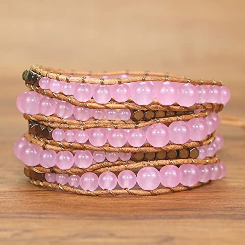 Boho Wrap Bead Bracelet for Women - Handmade Adjustable Natural Stone Beaded Bracelets Yoga Healing Bracelet Bangle Hippie Jewelry - color: Rose Quartz