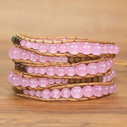 Boho Wrap Bead Bracelet for Women - Handmade Adjustable Natural Stone Beaded Bracelets Yoga Healing Bracelet Bangle Hippie Jewelry - color: Rose Quartz