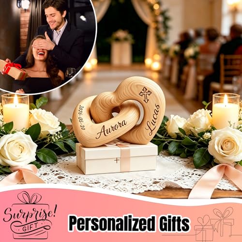 Custom Engraved Interlocking Wooden Hearts with Personalized Names – Romantic Couple Gift for Wedding, Valentine’s Day, 5th Wood Anniversary, Handcrafted Home Decor (Customized)