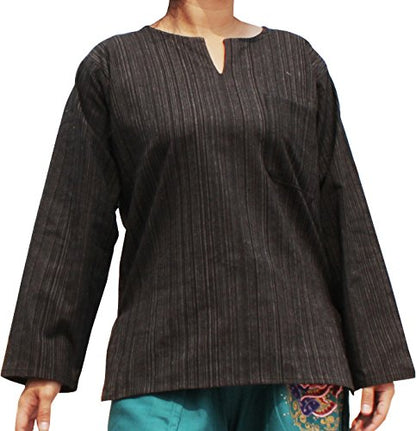 RaanPahMuang Painted Meditation Open Collar Striped Cotton Shirt in Black sz S