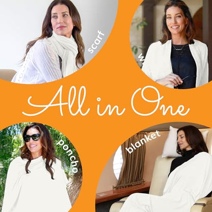 Travel Shawl Wraps for Women - 68x35in Wrap. Lightweight Pashmina, Airplane Travel Blanket Scarf. Made In USA - color: Eco Cashmere - Ivory White