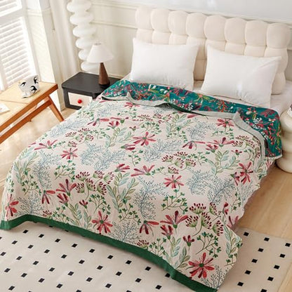 Boho Throw Blanket, 100% Cotton Ultra Soft Luxury Throw Rustic Quilt, Muslin Breathable Soft Bed Throw ，All Throw for Sofa Couch Chair 90x98 Inch - color: Precious Flowers, size: 90x98 Inch