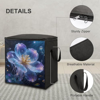 Oceanic Bloom Storage Bag Portable Closet Organizer Storage Bags Quilt Storage Bags with Zippered Breathable Storage Bag with Carry Handles for Blanket Pillow Bedding