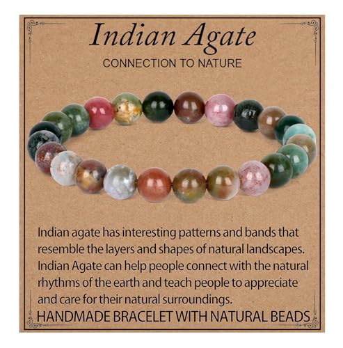 LPBeads Handmade Natural Gemstone Stretch Elastic Bracelet Healing Crystal Round Stone Beads Jewelry Gifts for Women Men - color: Indian Agate, size: 8mm
