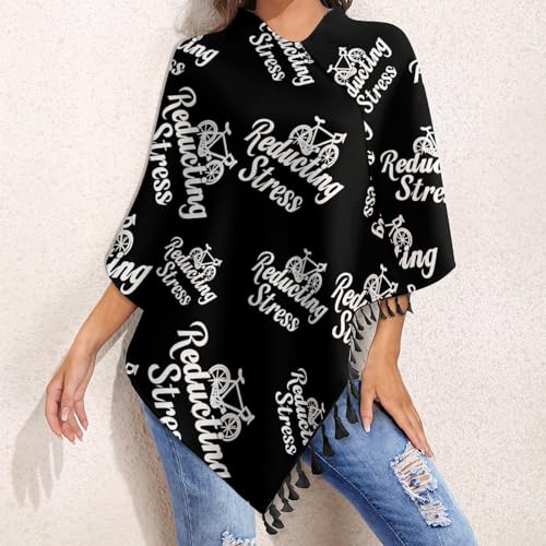 Weapon of Stress Reduction Biking Shawl Wraps for Women Printed Tassel Ponchos Oversized Soft Cape Sweater - color: Black-style