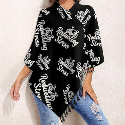 Weapon of Stress Reduction Biking Shawl Wraps for Women Printed Tassel Ponchos Oversized Soft Cape Sweater - color: Black-style