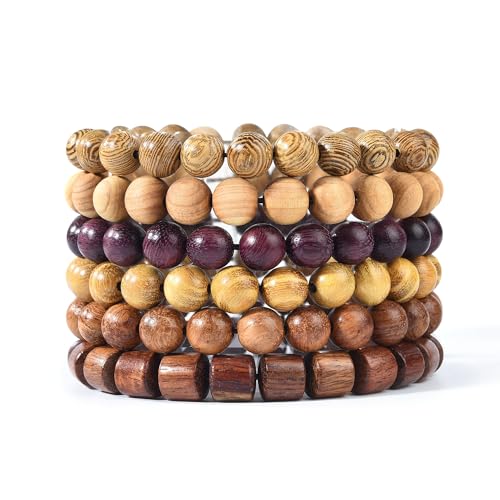 Wooden Beaded Bracelet Multi-Layered Stretch Bracelet for Men and Women Elastic Bracelet 6pcs - color: A-02